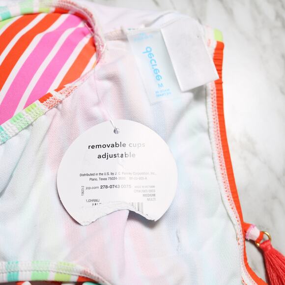 Decree Striped Lace Up Bralette Bikini Top Multicolor Swimsuit Size M - Picture 7 of 10